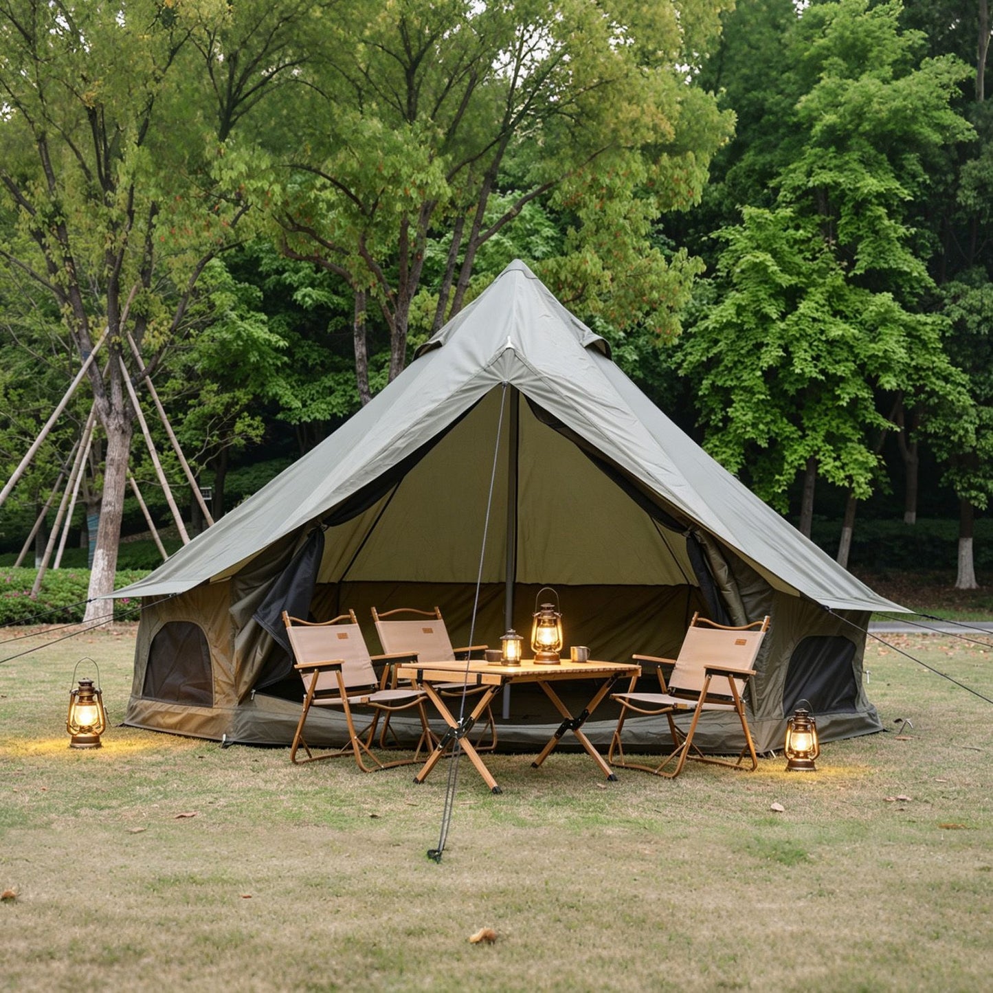 Dark Green 13.1 FT Oxford Bell Tent with Stove Jack – 4–8 Person