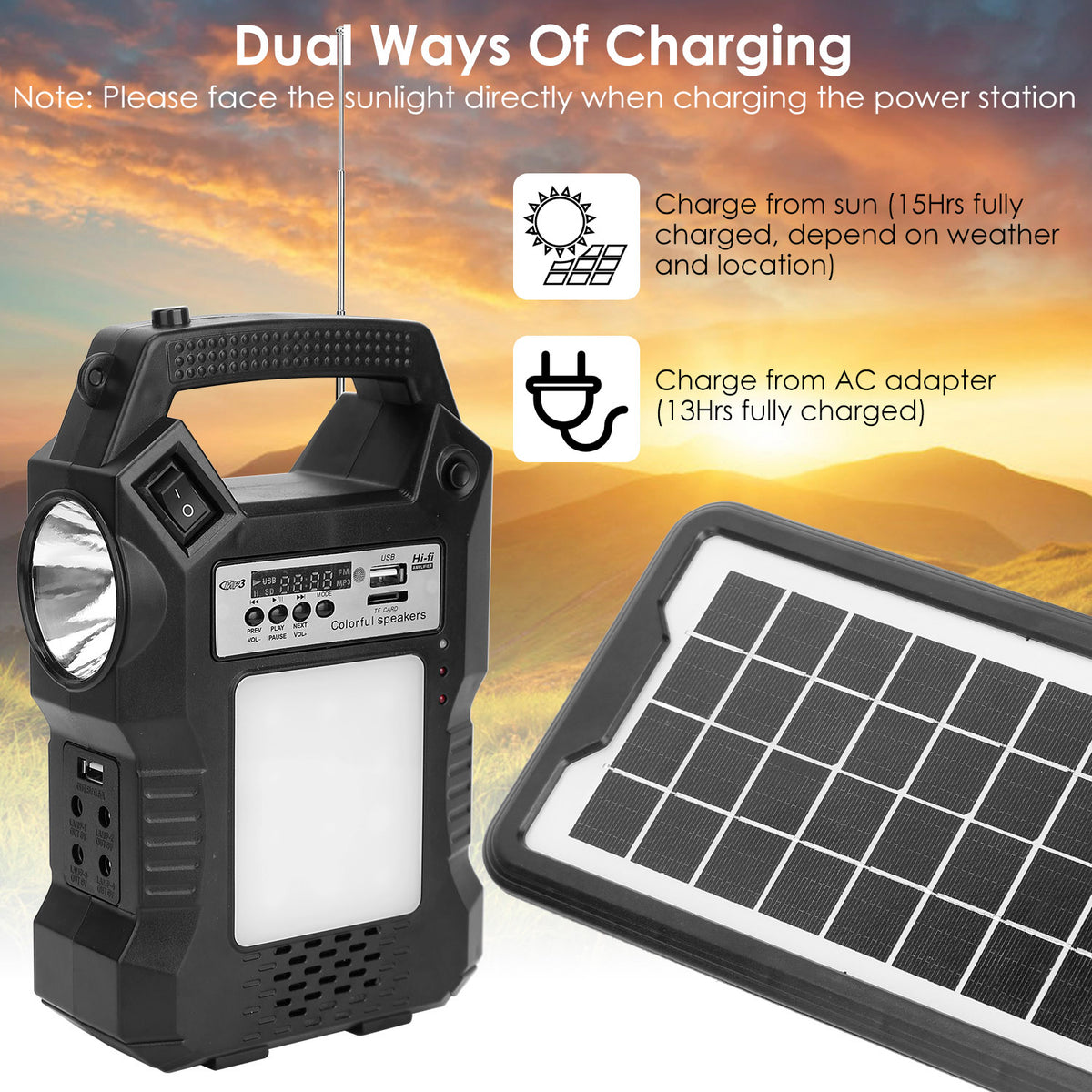 Solar power station with flashlight and charging panel against a sunset background