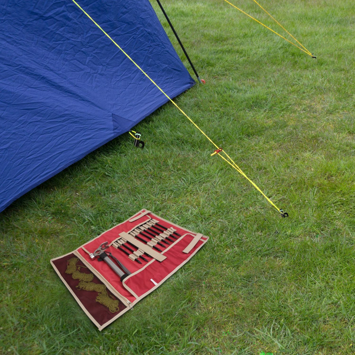 Camping tool set on grass next to a blue tent