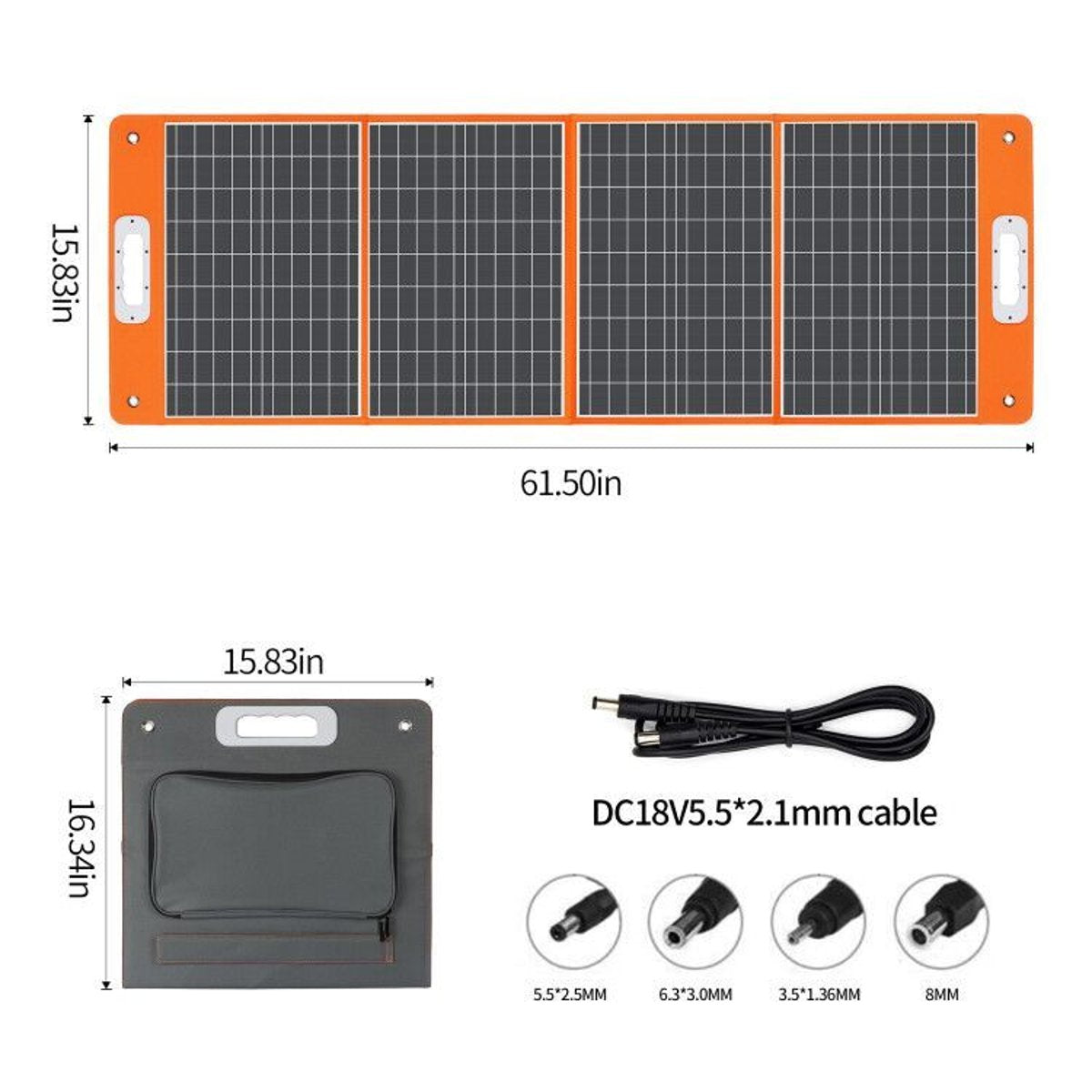 Flashfish 100W Foldable Solar Panel Charger (18V DC, QC3.0, 65W USB-C PD) — orange and black, panels, detail