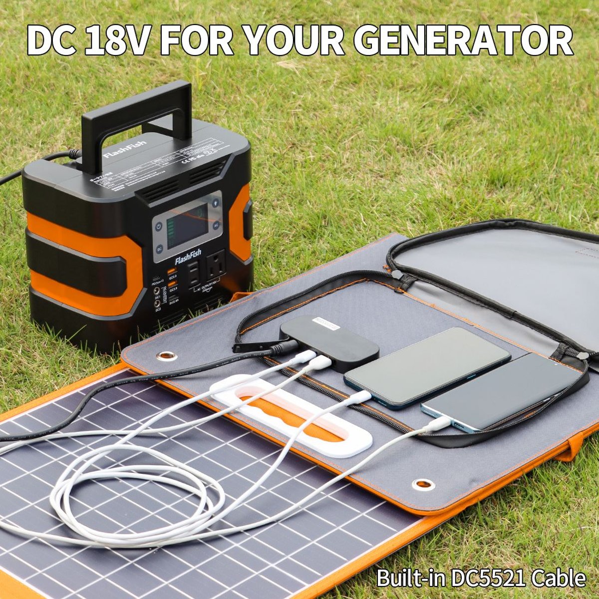 Flashfish 100W Foldable Solar Panel Charger (18V DC, QC3.0, 65W USB-C PD) — panels, lifestyle