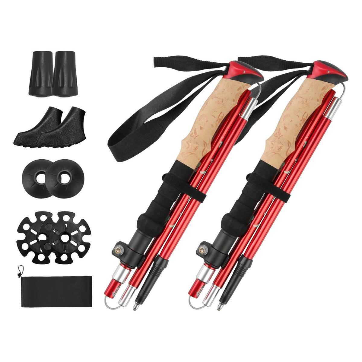 Compact folded trekking poles arranged to show segmented aluminum construction