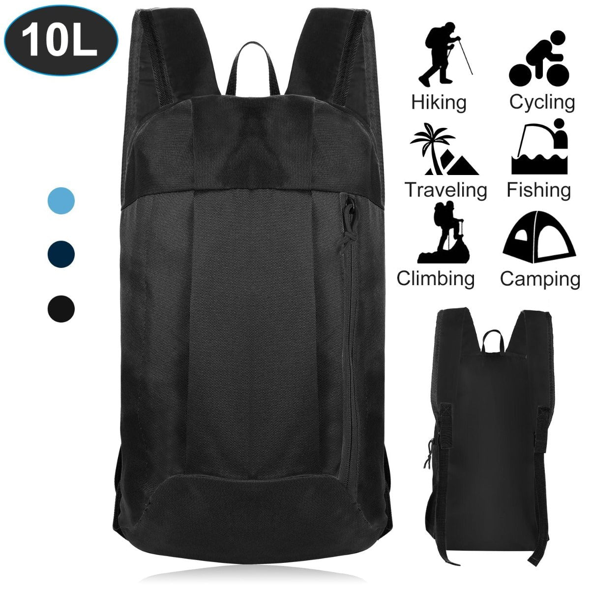 Front and side views of a black 10 liter backpack on white background