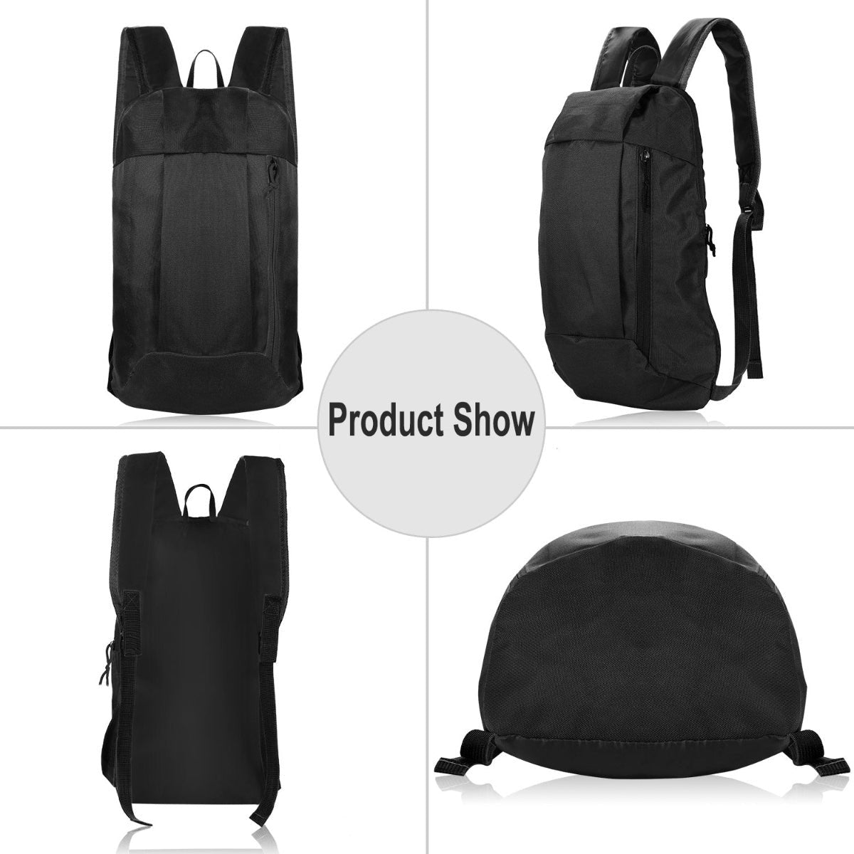 Multiple angles of a black backpack showing shape straps and base