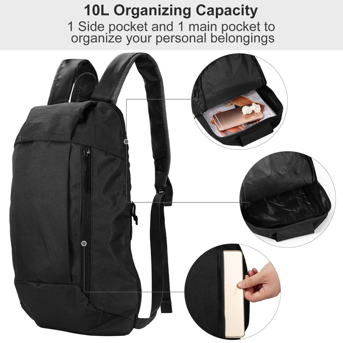 Open backpack compartments showing interior space pockets and stored items
