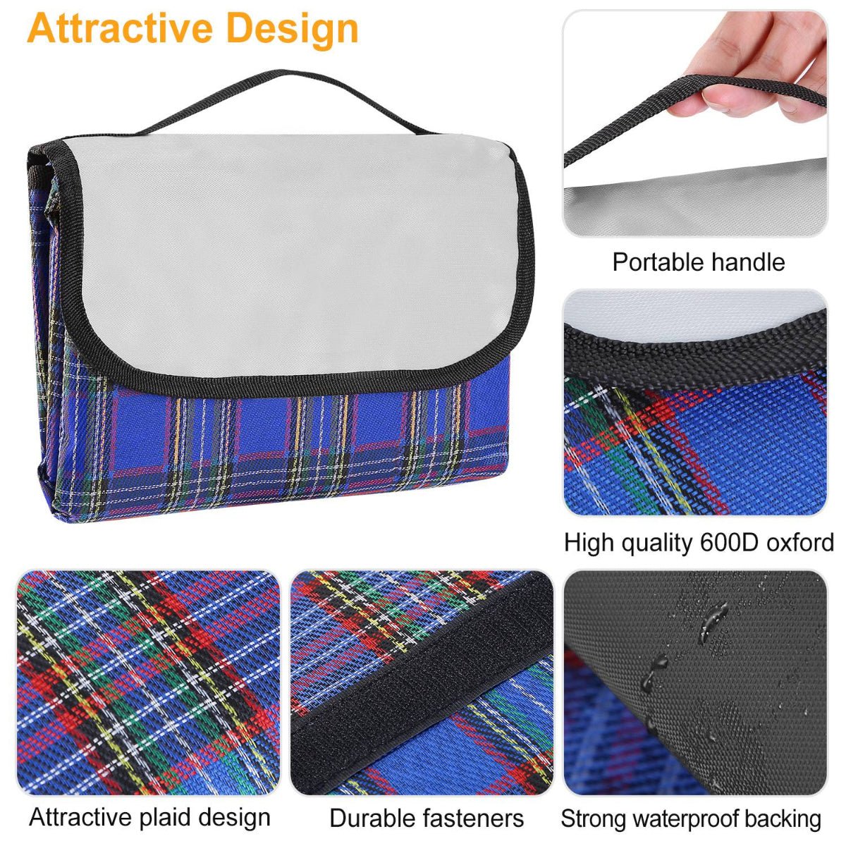 Folded plaid picnic blanket with carry handle and close-up material details