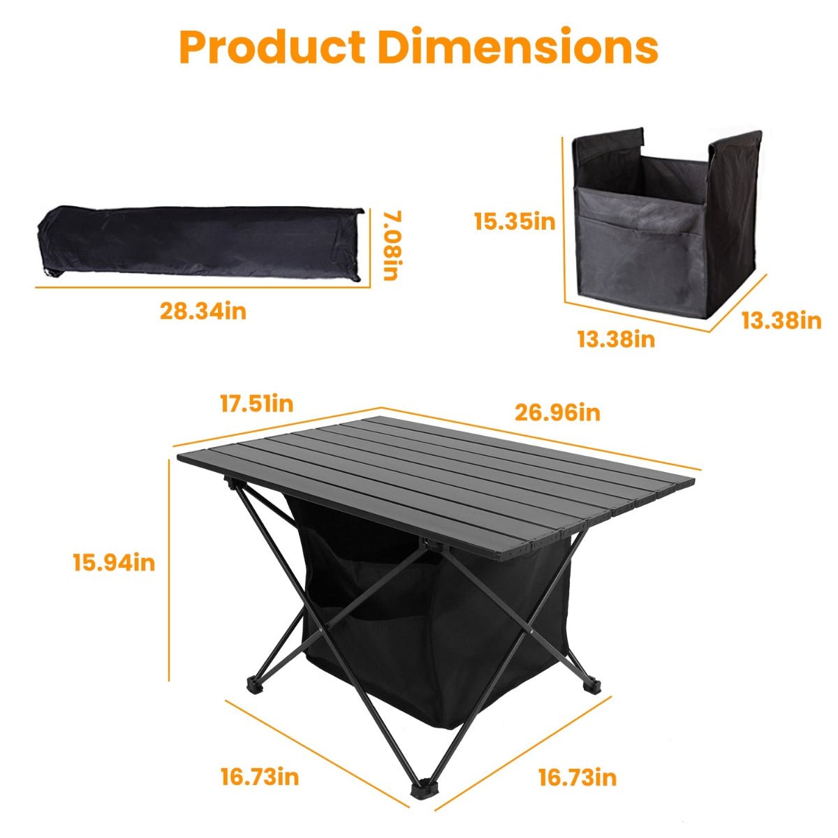 Diagram showing camping table and storage basket dimensions on a white background