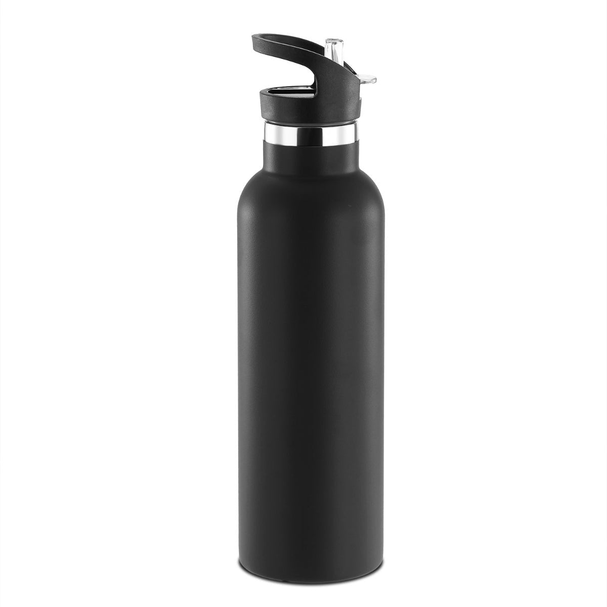 Black stainless steel water bottle standing upright on white background