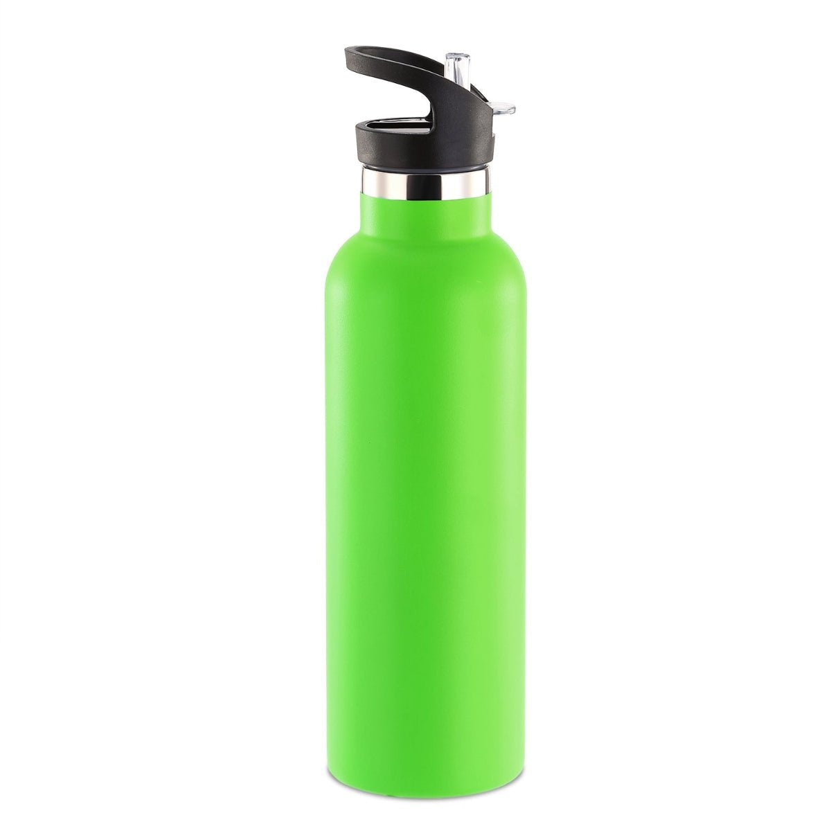 Green stainless steel water bottle standing upright on white background