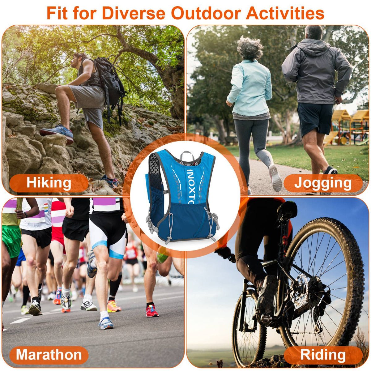 Diagram showing hydration vest used during hiking, jogging, marathon running, and cycling