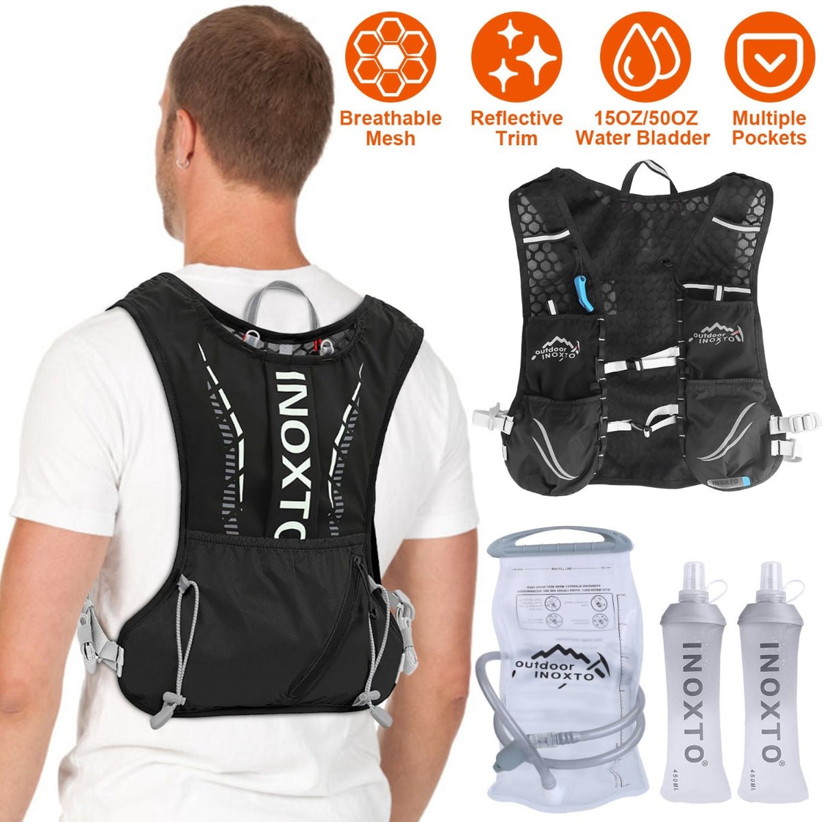 Hydration vest worn on person with included water bladder and soft bottles displayed