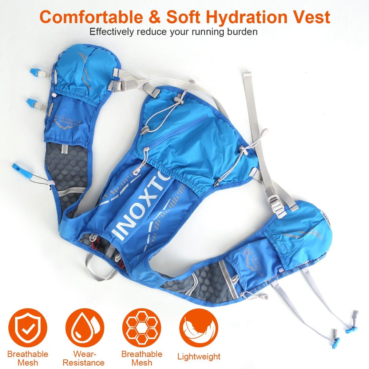 Blue hydration vest laid flat showing straps, pockets, and breathable mesh panels