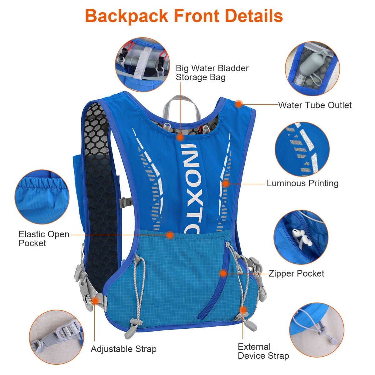 Close-up diagram labeling hydration vest pockets, straps, reflective details, and tube outlet