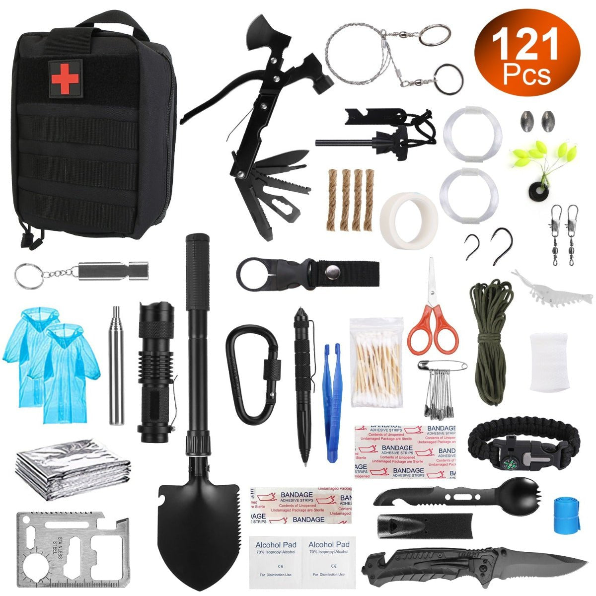 Survival kit contents arranged on a white background with tools and supplies
