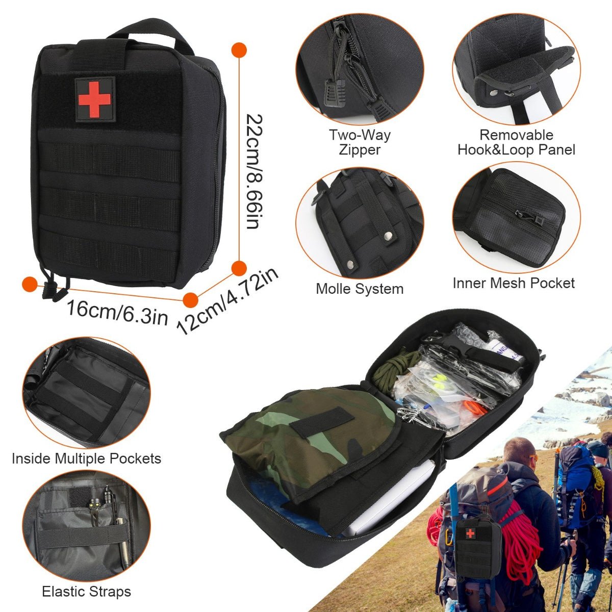 Black first aid pouch showing size, pockets, and interior storage layout