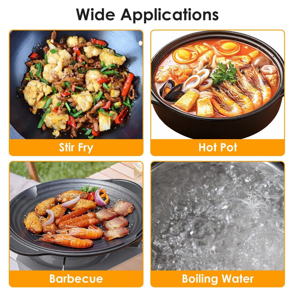 Diagram illustrating cooking methods including stir fry hot pot barbecue and boiling water