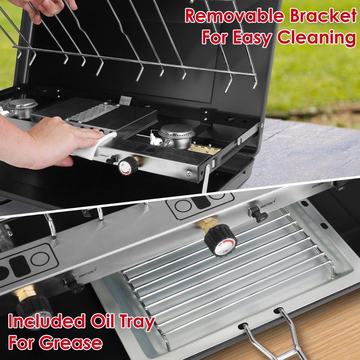 Open three-burner camping stove showing burners, grate, wind guard, and interior layout