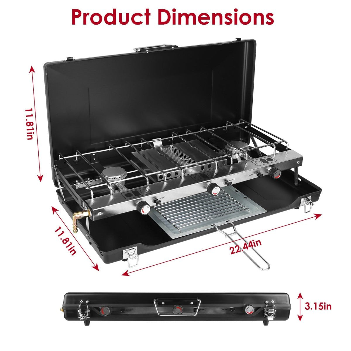 Diagram showing open and closed stove dimensions with labeled measurements