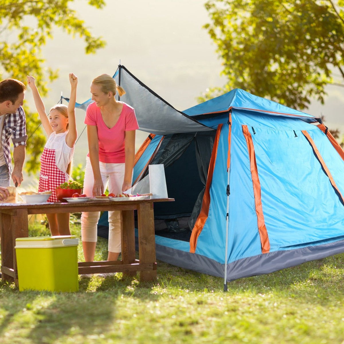 Side view of camping tent on grass showing door panel and canopy support poles