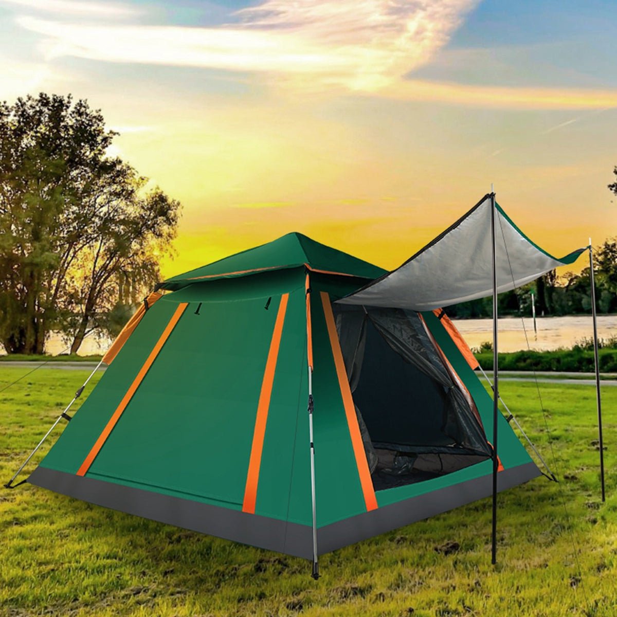 Family standing beside a pitched camping tent with canopy in a grassy outdoor area