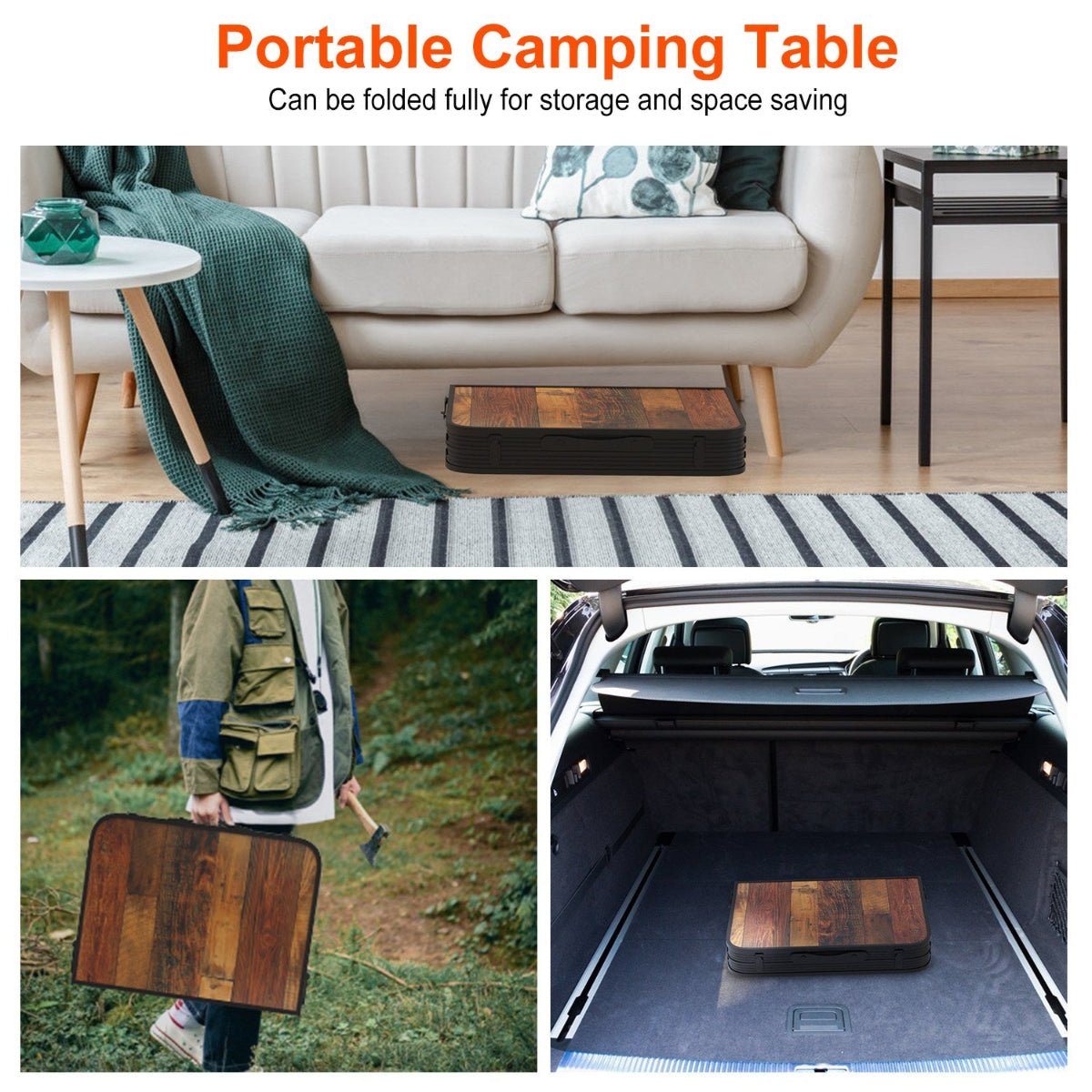 Folded camping table shown indoors and in vehicle cargo space for storage