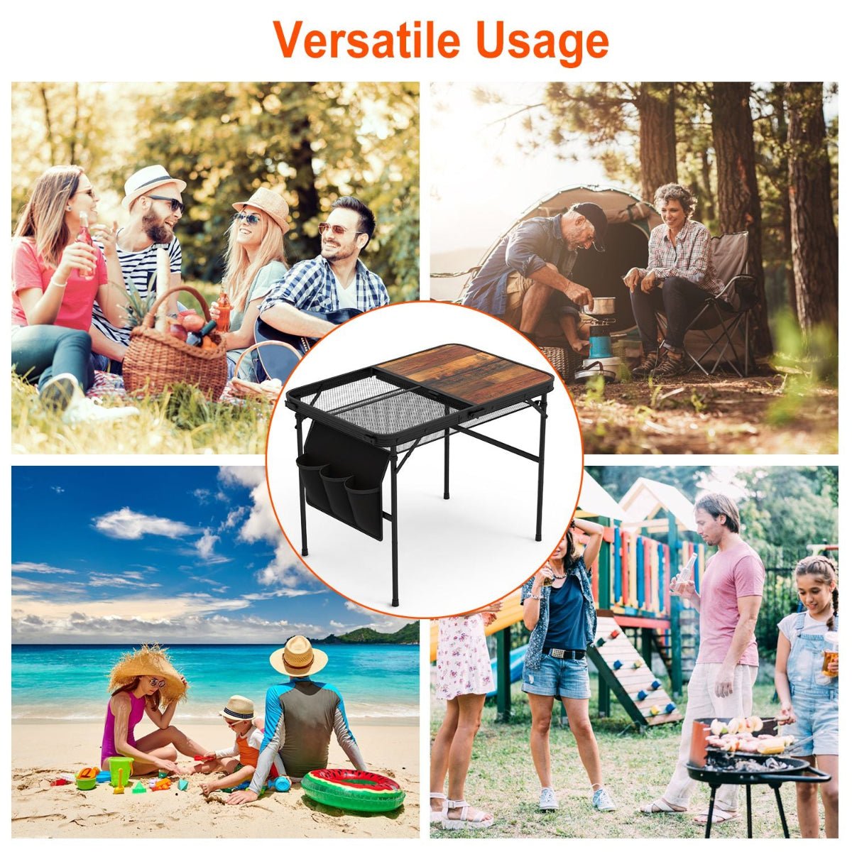 Collage showing camping table used at campsite, picnic area, beach, and backyard