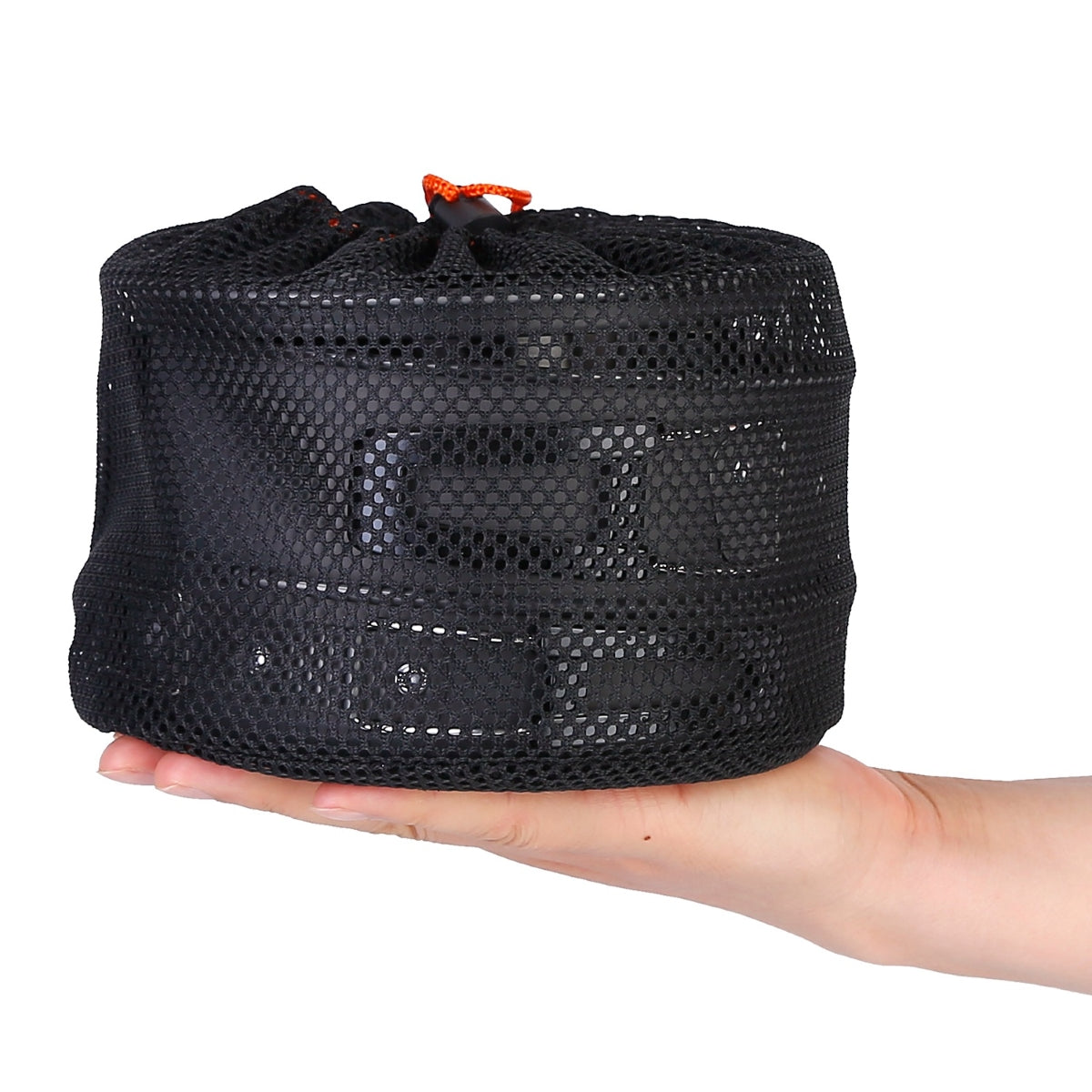 Compact cookware set packed inside black mesh drawstring bag