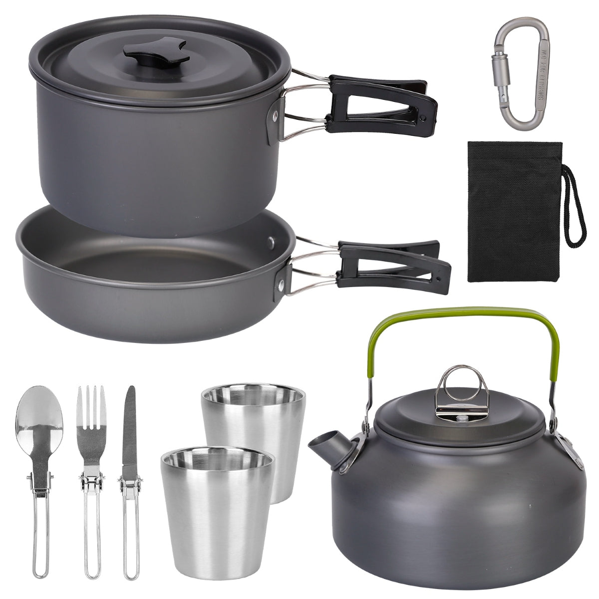 Complete camping cookware set with pot, pan, kettle, cups and utensils