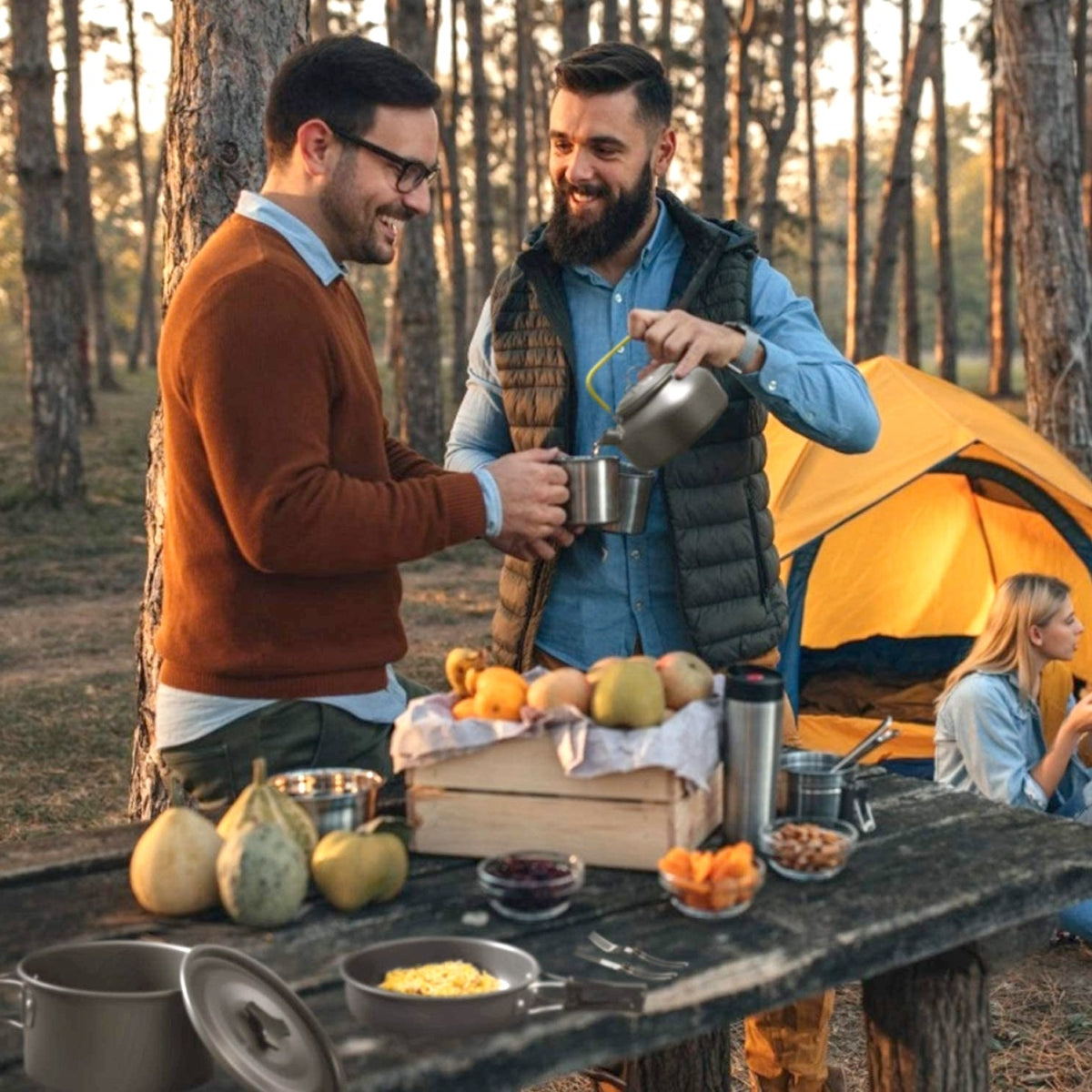 Two men pouring hot drink from kettle at forest campsite