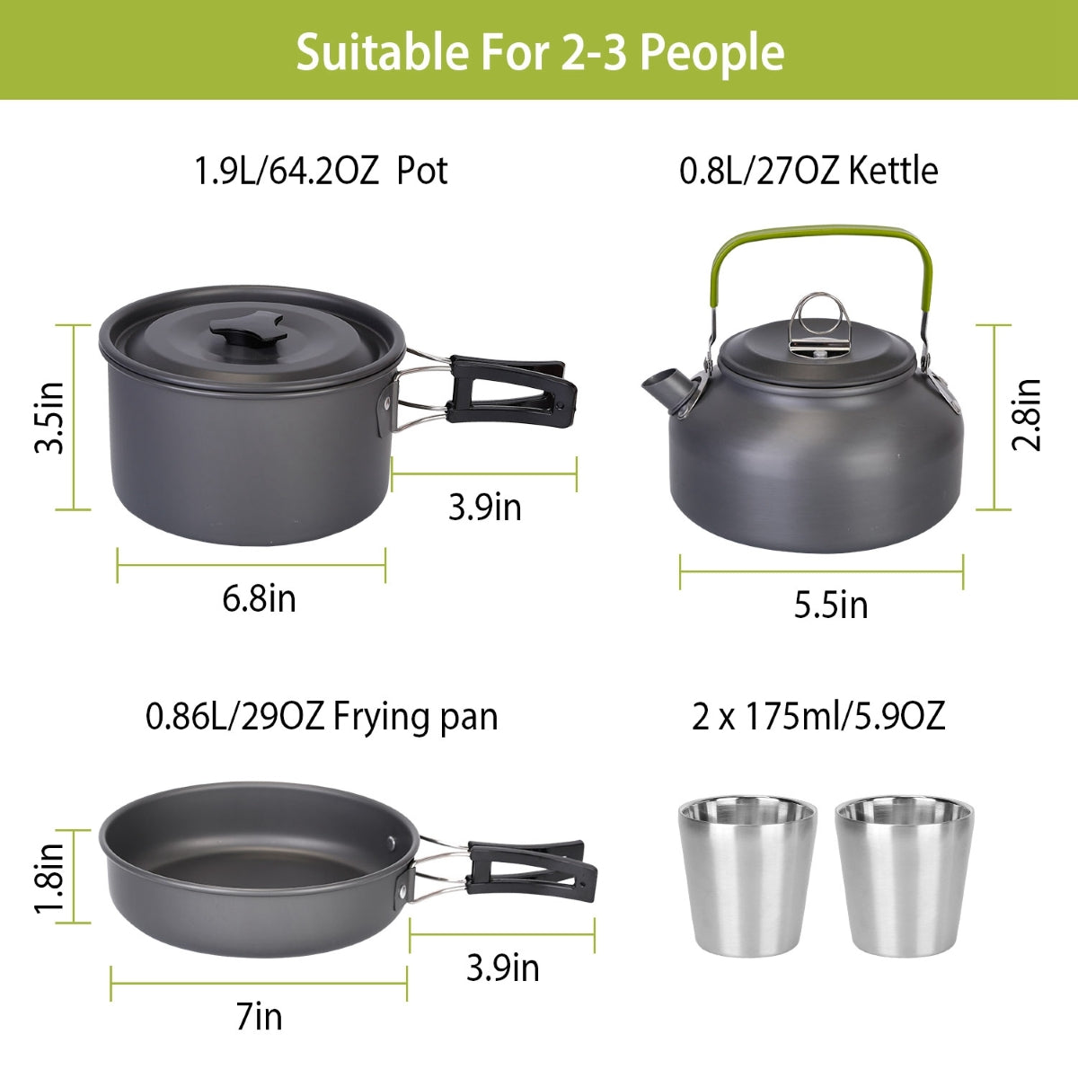 Cookware dimensions chart showing pot, pan, kettle and cup sizes