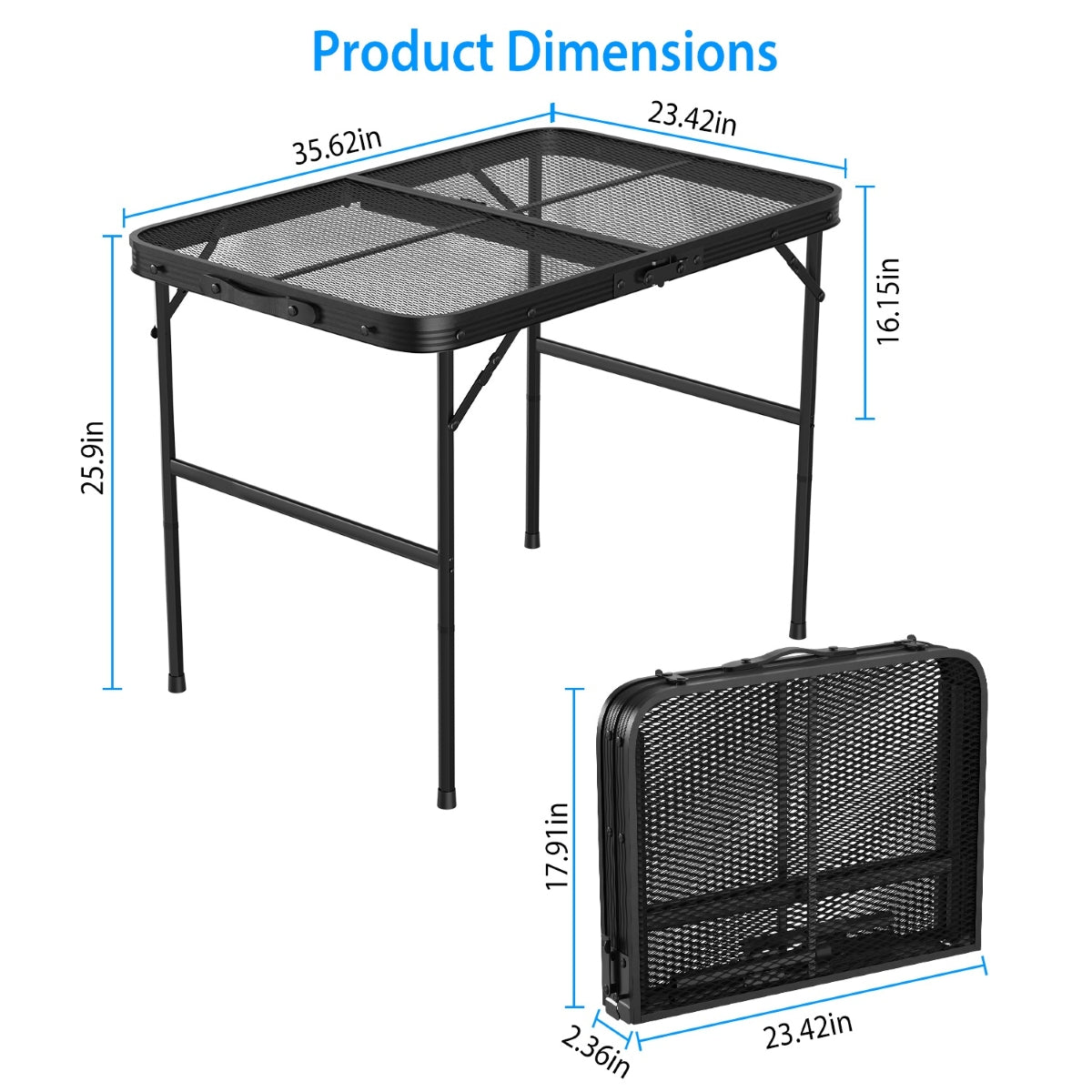 Camping table dimensions diagram showing open and folded measurements