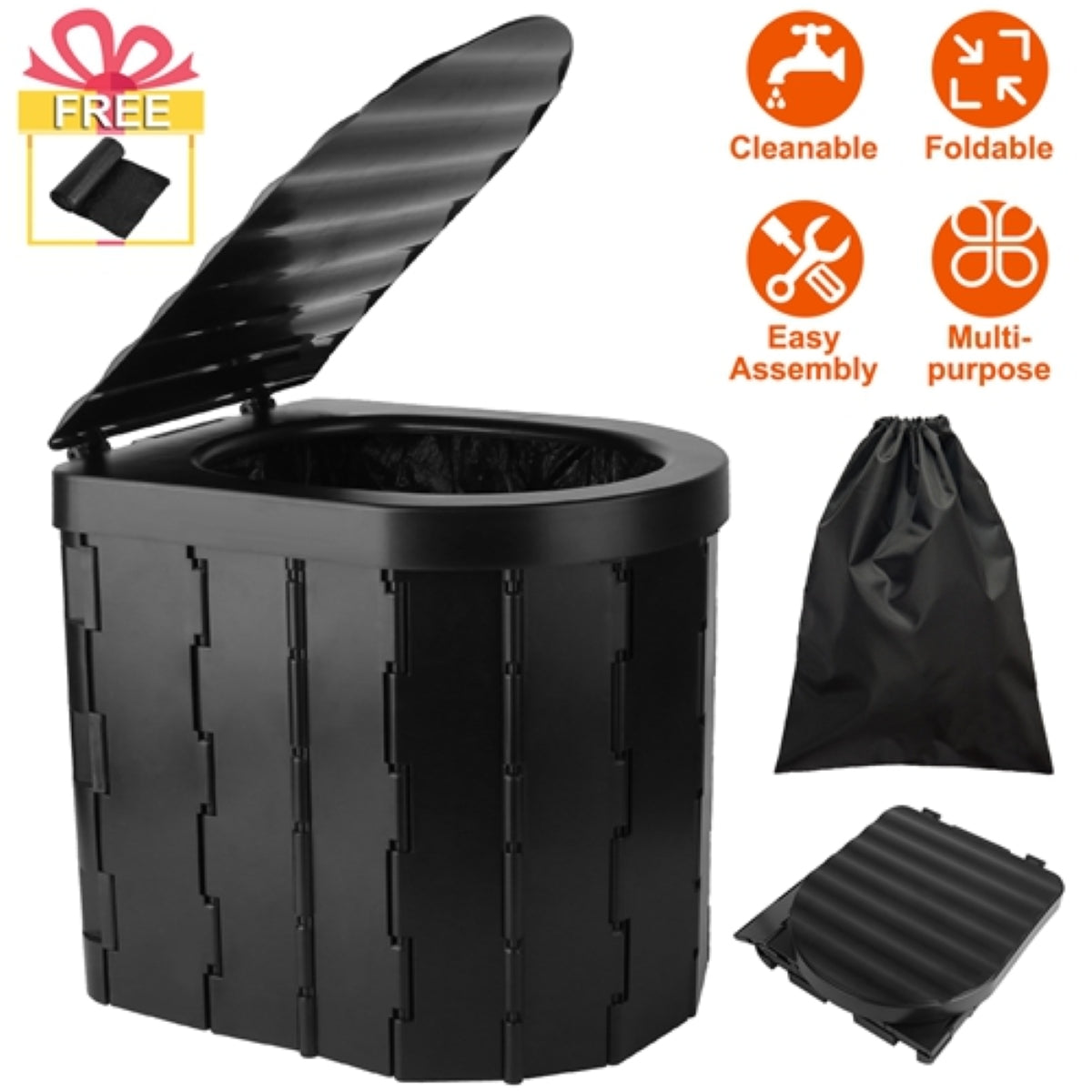 Black foldable camping toilet with lid open and garbage bags