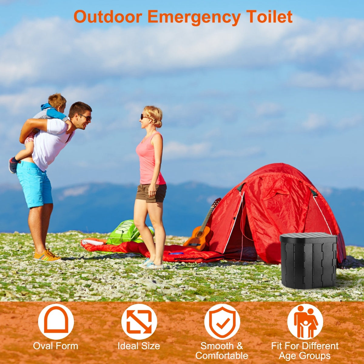 Portable outdoor toilet set beside red tent on campsite