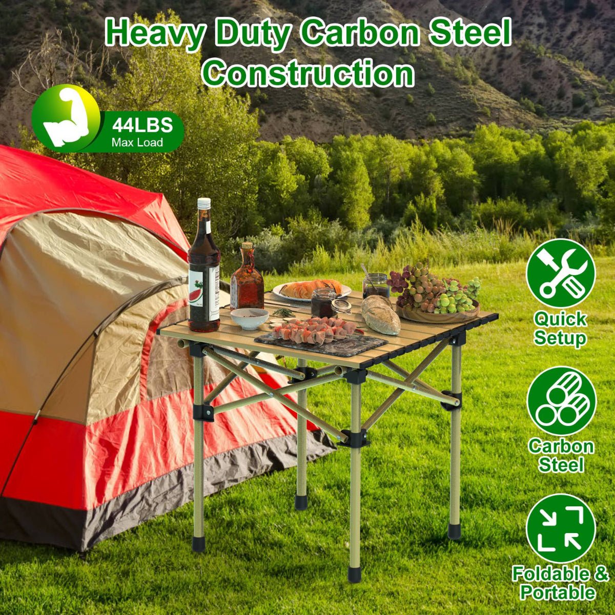 Compact camping table assembled outdoors with drinks and food items