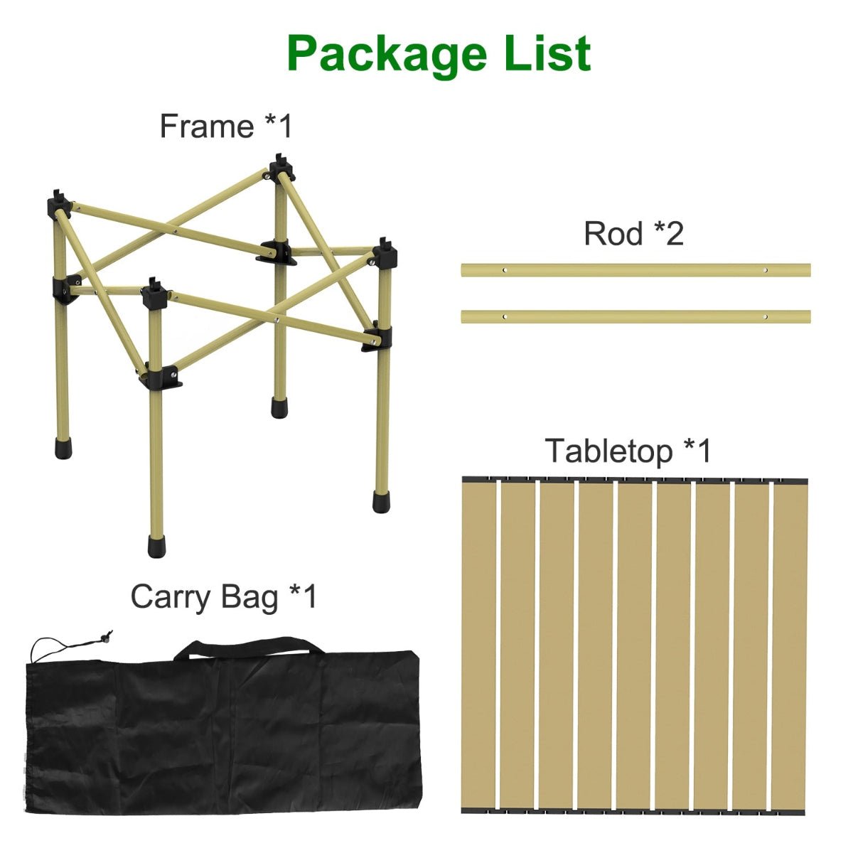 Table components laid out showing frame, rods, tabletop, and carry bag