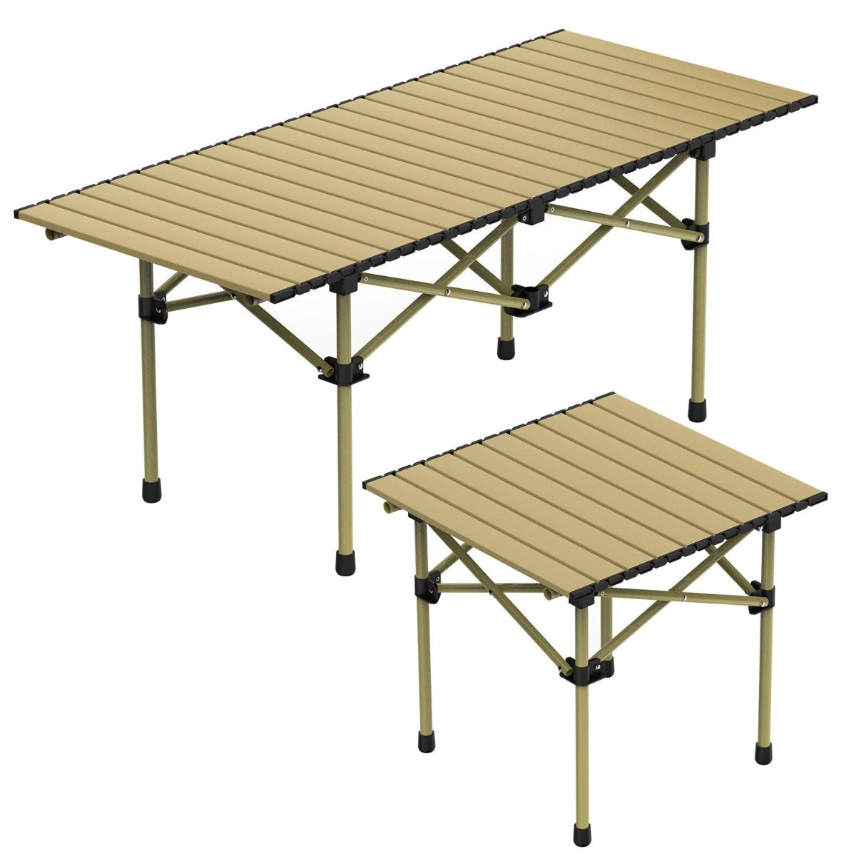 Two assembled roll-up camping tables shown on a plain background