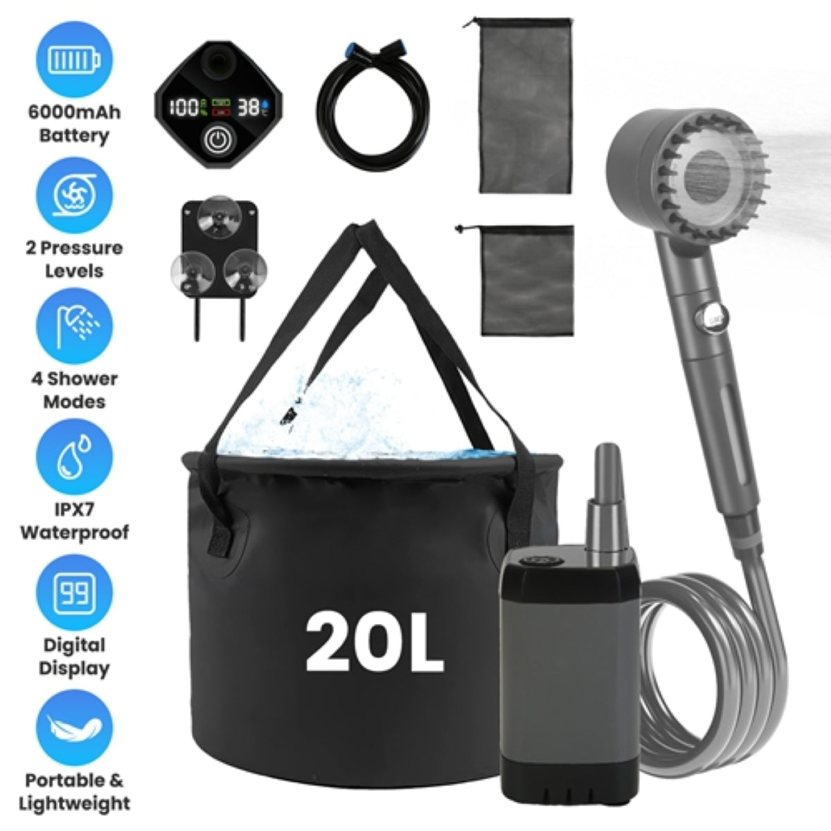 20L portable camping shower kit with pump, bucket, and hose
