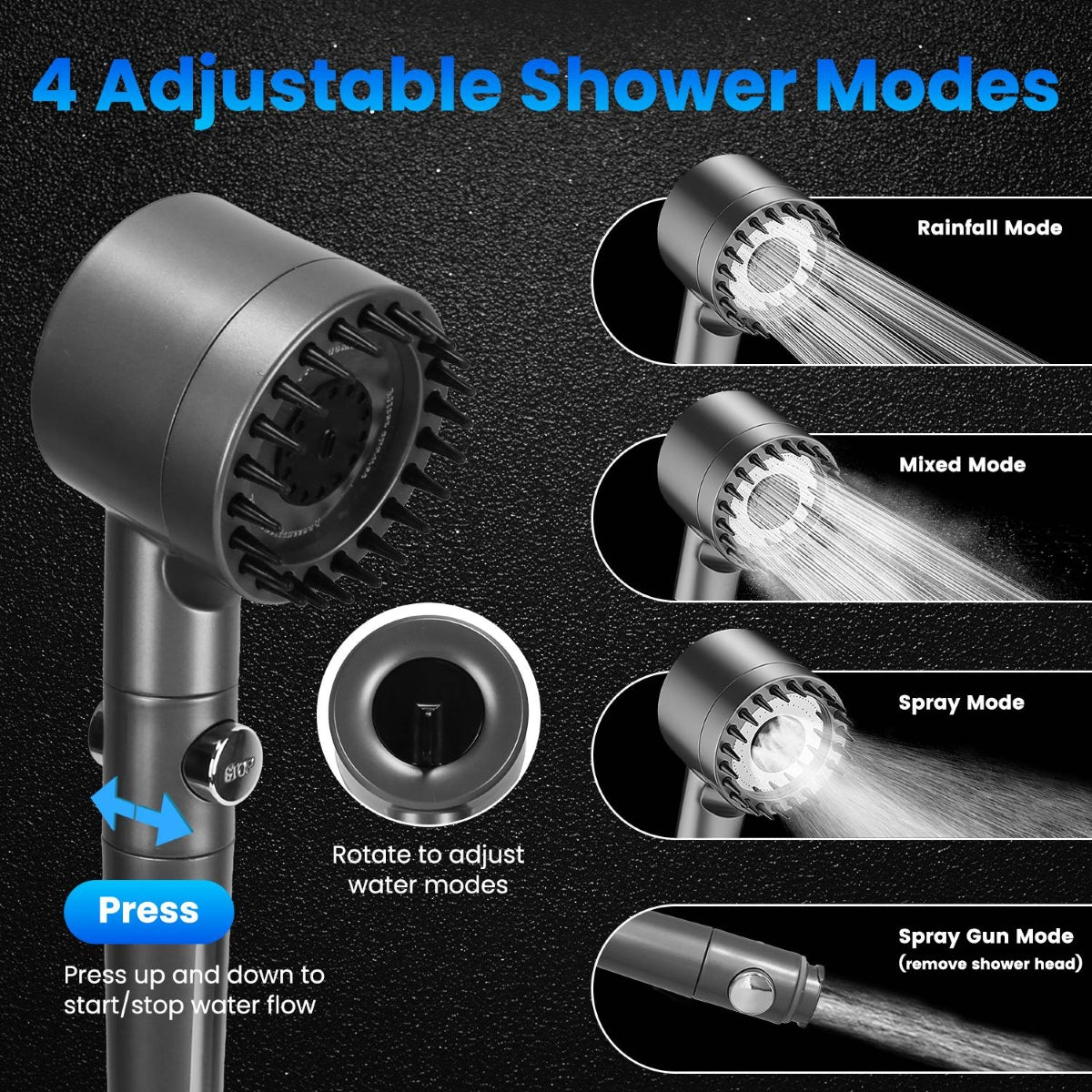 Handheld shower head with four adjustable spray modes