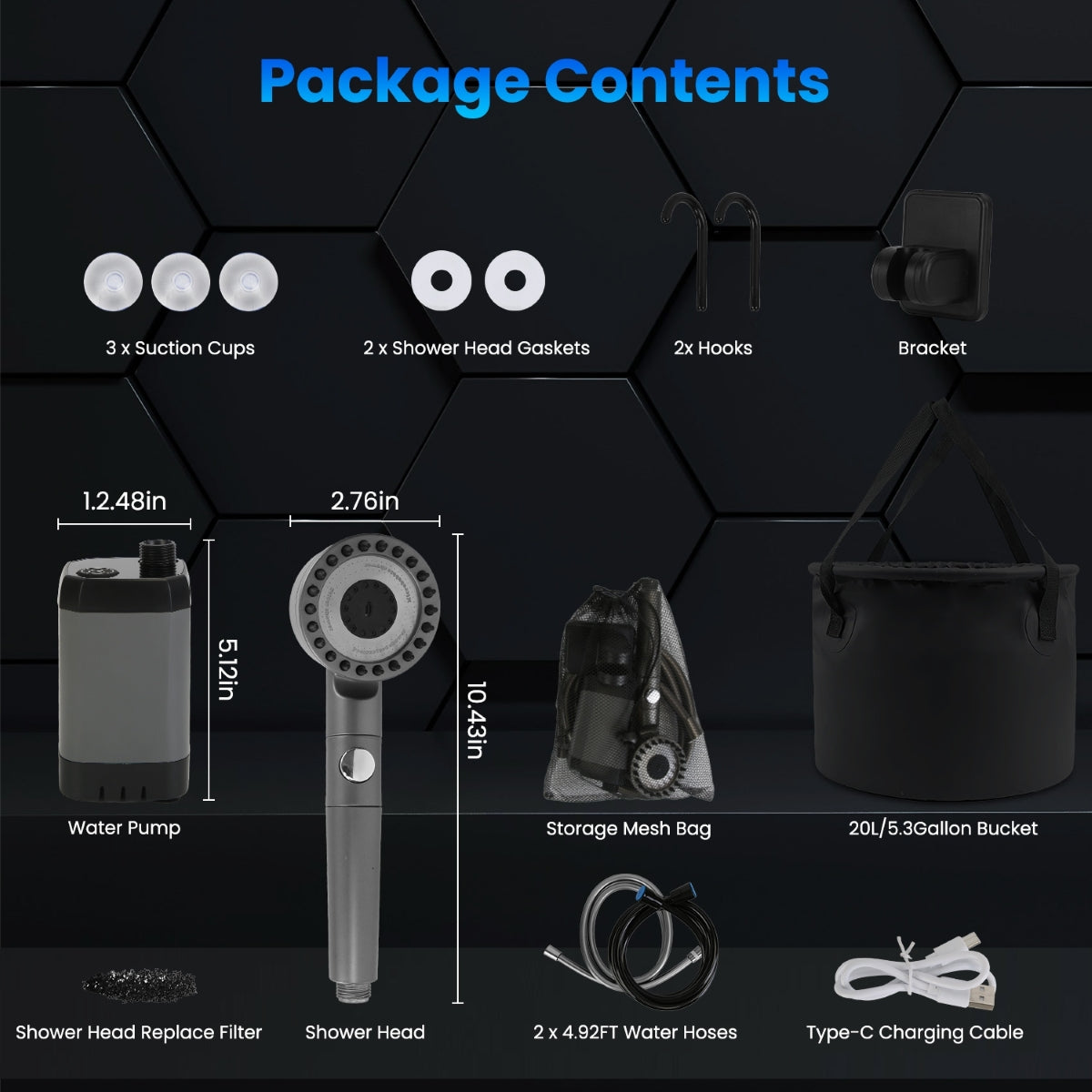 Package contents including pump, hoses, bucket, and accessories