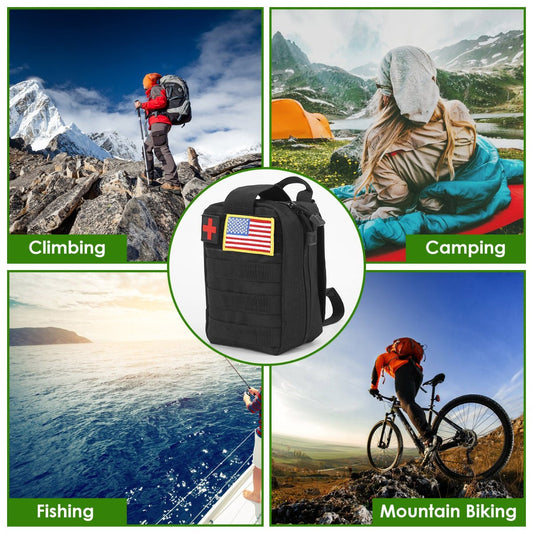 Compact survival first aid kit shown in outdoor camping and hiking scenes