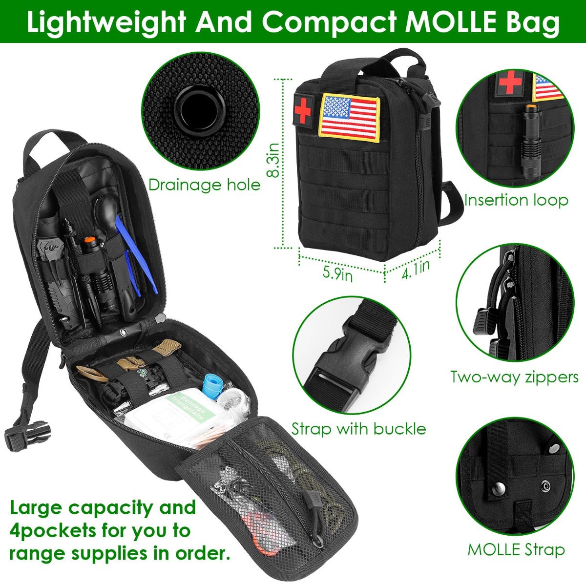 Open survival first aid kit with organized compartments and tools inside