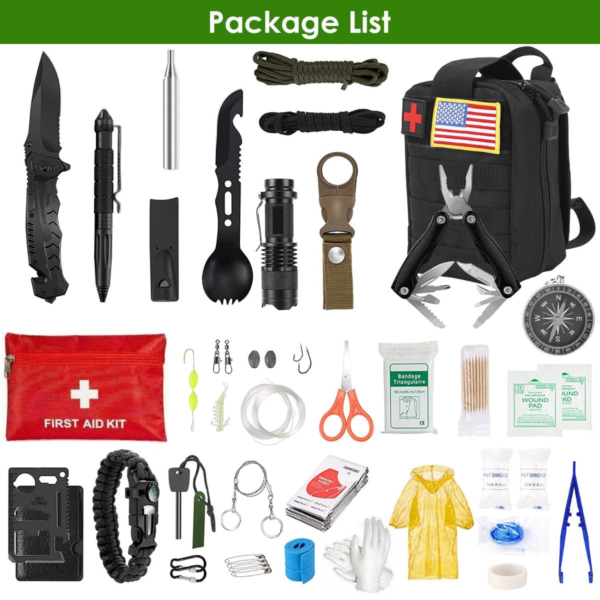 Laid-out view of first aid supplies and survival tools included in kit