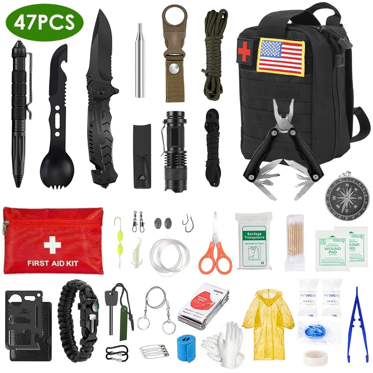 Survival first aid kit with all included tools arranged together