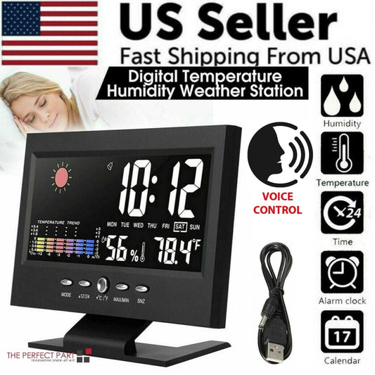 LED Digital Alarm Clock - Snooze, Calendar, Temp & Humidity (Weather Display) — clocks, front view