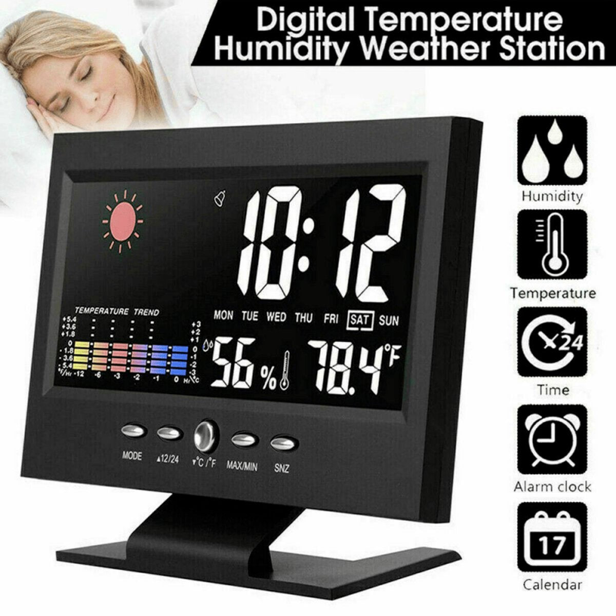 LED Digital Alarm Clock - Snooze, Calendar, Temp & Humidity (Weather Display) — clocks, view 18