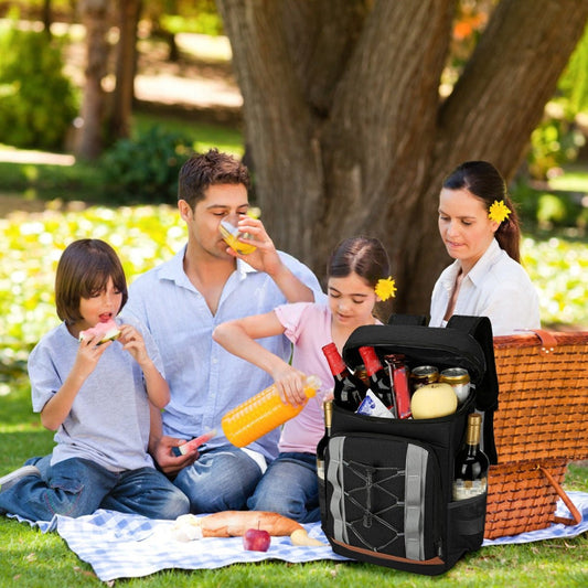 Cooler backpack beside picnic blanket with people eating outdoors in a park