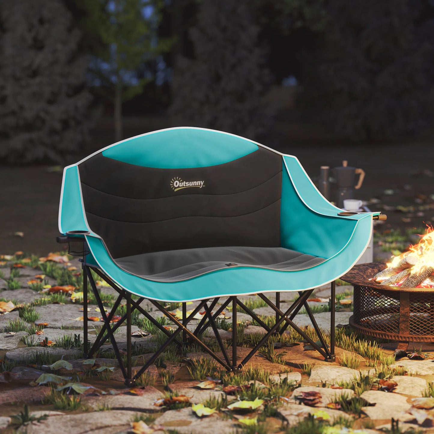 Outsunny Padded Double Camping Chair with Armrests, Cup Holders, Carry Bag for Outdoor-Black