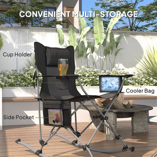 Outsunny Rocking Camping Chair - Cooler & Cup Holder, Folding (265 lb) — black, chairs, front view
