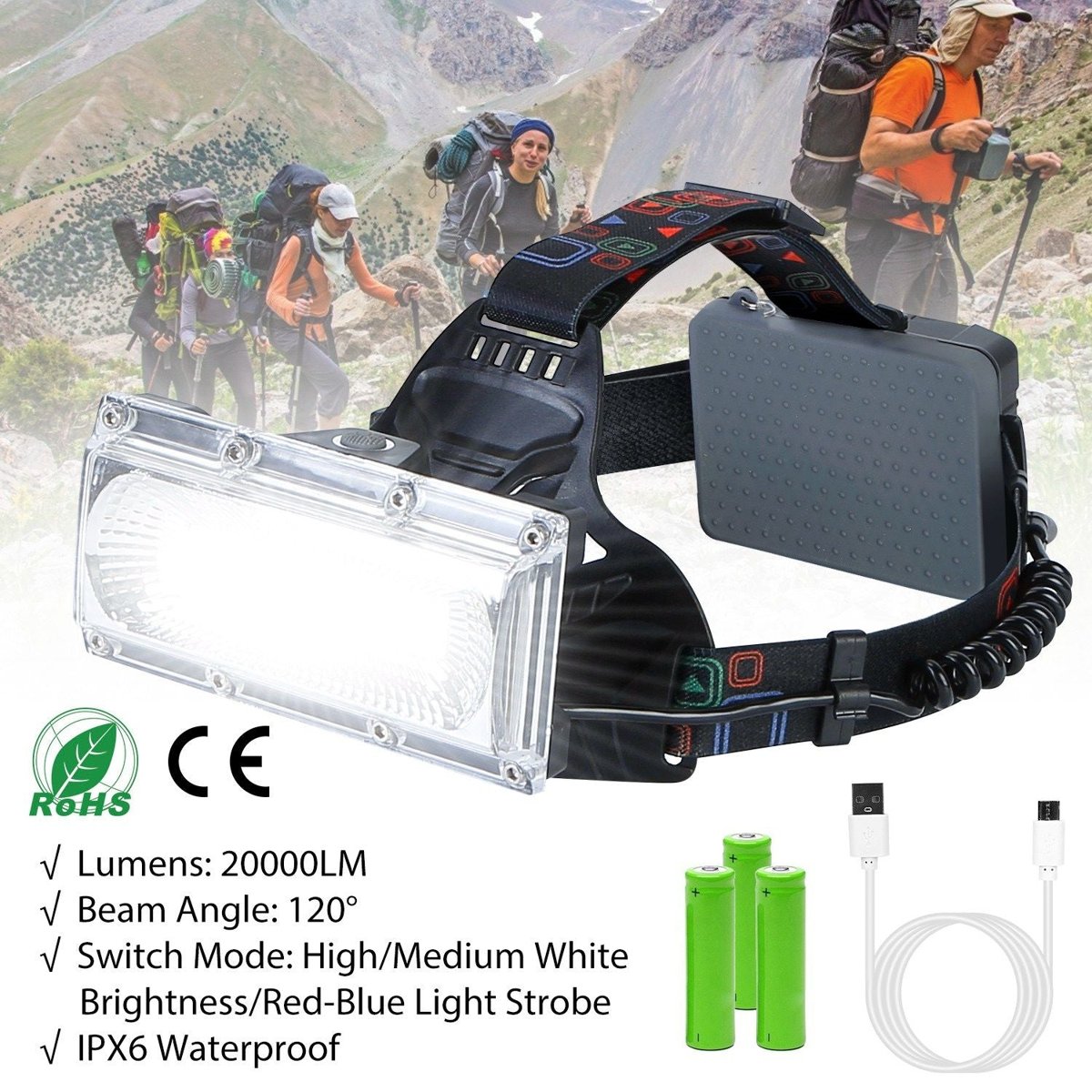 Rechargeable LED Headlamp - IPX6, 120° Wide Beam, 3 Modes (USB) — black, headlamps, front view
