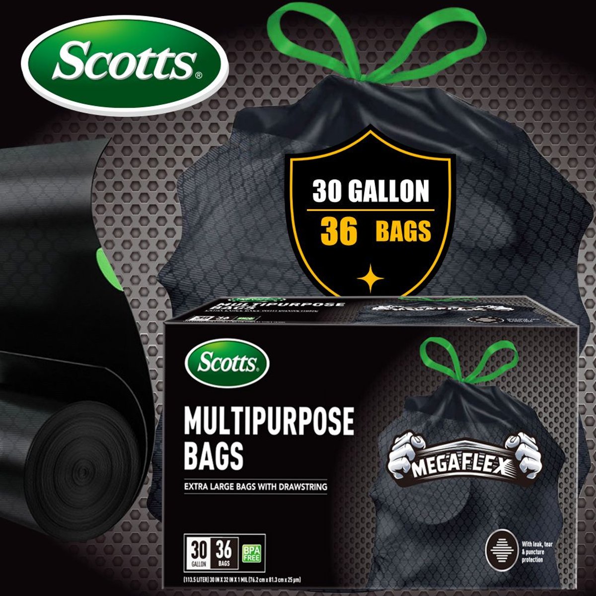 Scotts 30-Gallon Drawstring Garbage Bags - 36-Count, Non-Rip, Leak-Resistant — bags, back view